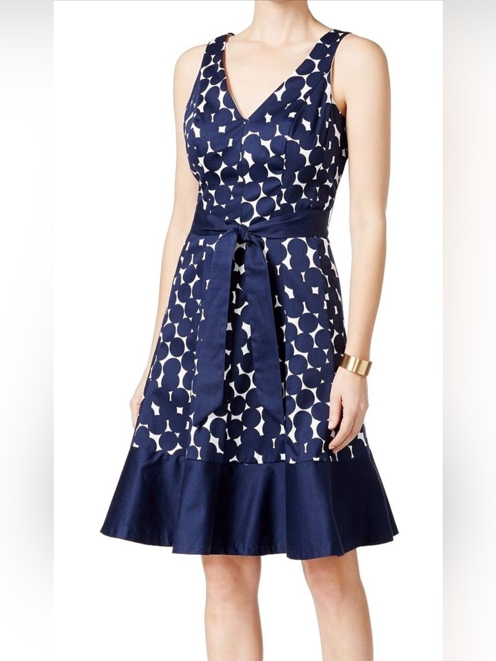 Nine West Navy and White Polka Dot Midi Dress with Waist Tie